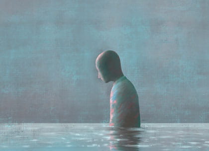 Illustration of lonely figure standing in water
